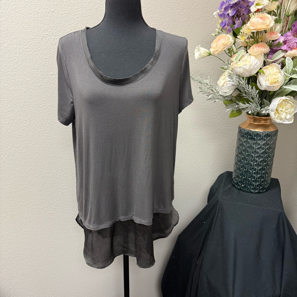 Merona Layered Hem Tee – Gray Short Sleeve Top with Sheer Detail, Size Large - Picture 1 of 7
